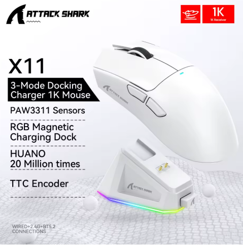 Mouse Gamer Attack Shark X11 – Tri-Mode, RGB, Dock Magnética